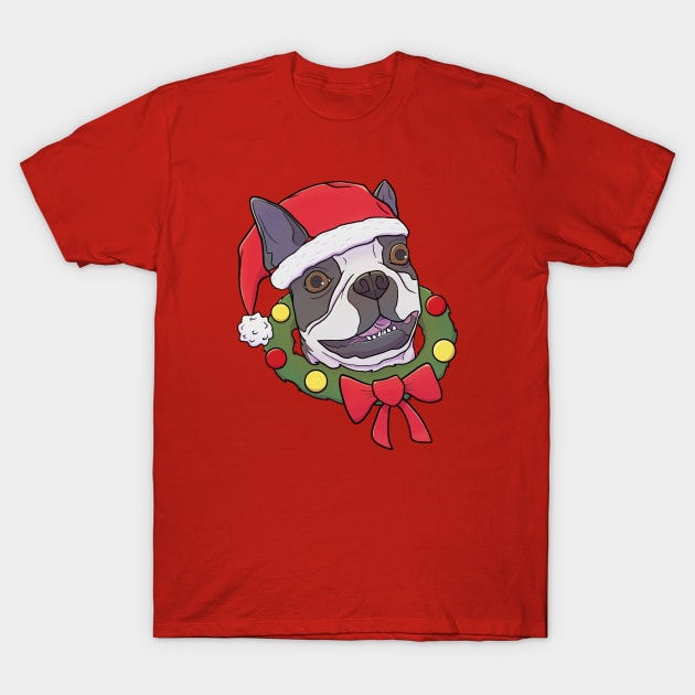 Boston Terrier Christmas T-Shirt by Domingo Illustrates